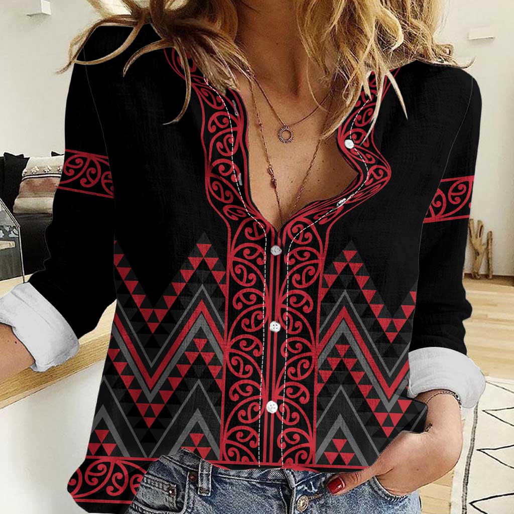 Red Aotearoa Mangopare Kowhaiwhai and Niho Taniwha Women Casual Shirt Maori New Zealand LT14 Female Red - Polynesian Pride