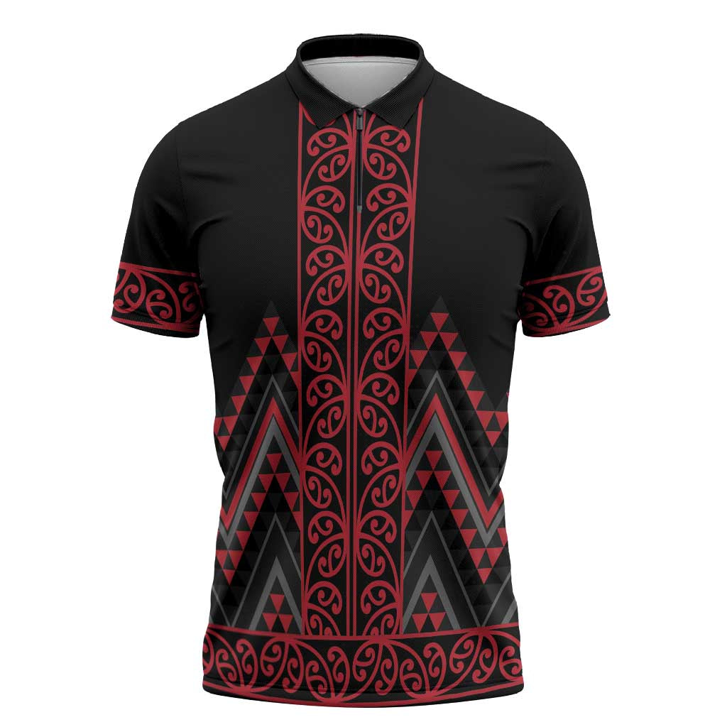 Red Aotearoa Mangopare Kowhaiwhai Niho Taniwha Zipper Polo Shirt Maori New Zealand LT14 Red - Polynesian Pride