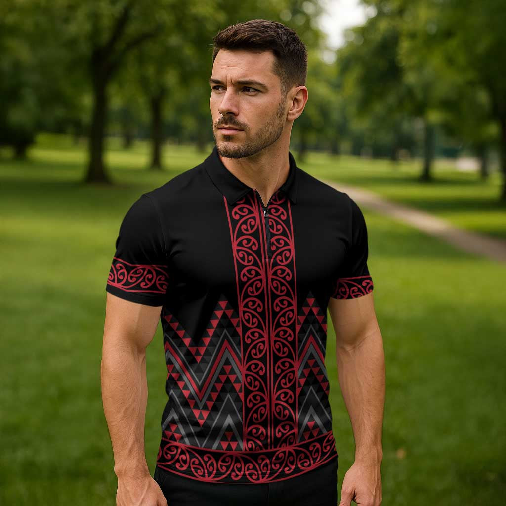 Red Aotearoa Mangopare Kowhaiwhai Niho Taniwha Zipper Polo Shirt Maori New Zealand LT14 - Polynesian Pride