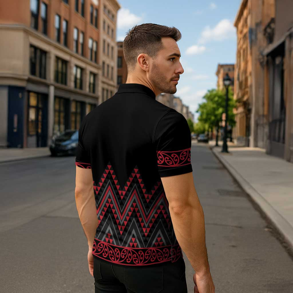 Red Aotearoa Mangopare Kowhaiwhai Niho Taniwha Zipper Polo Shirt Maori New Zealand LT14 - Polynesian Pride