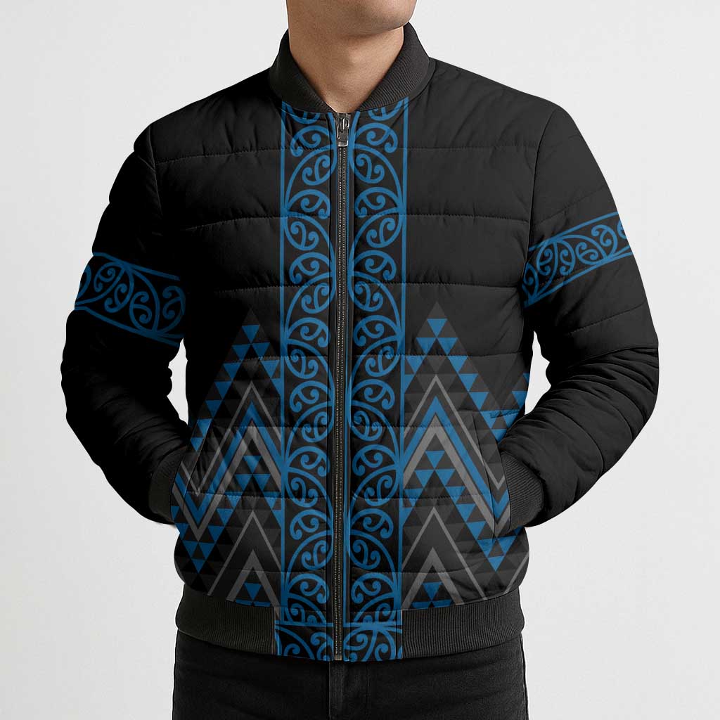 Blue Aotearoa Mangopare Kowhaiwhai Niho Taniwha Bomber Puffer Jacket Maori New Zealand - Polynesian Pride