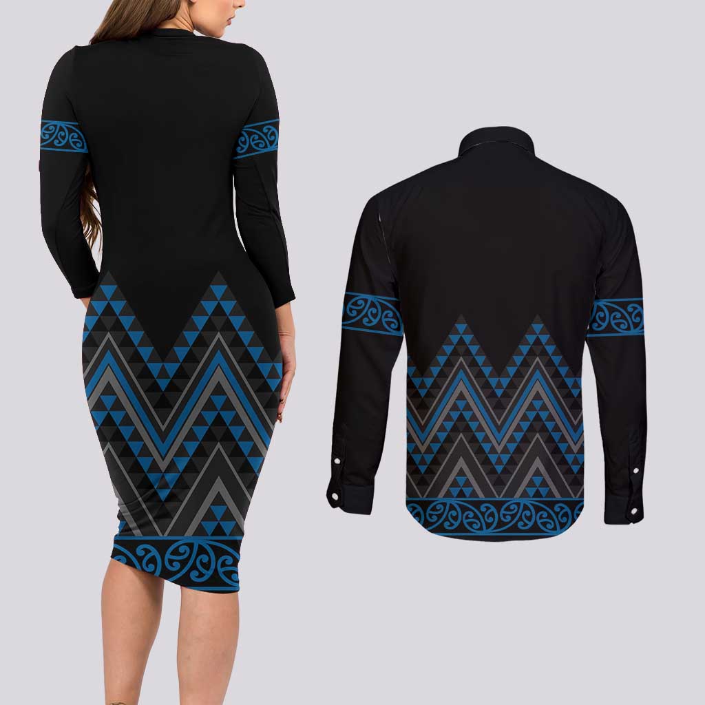 Blue Aotearoa Mangopare Kowhaiwhai and Niho Taniwha Couples Matching Long Sleeve Bodycon Dress and Long Sleeve Button Shirt Maori New Zealand LT14 - Polynesian Pride