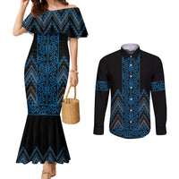 Blue Aotearoa Mangopare Kowhaiwhai and Niho Taniwha Couples Matching Mermaid Dress and Long Sleeve Button Shirt Maori New Zealand LT14 Blue - Polynesian Pride