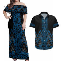 Blue Aotearoa Mangopare Kowhaiwhai and Niho Taniwha Couples Matching Off Shoulder Maxi Dress and Hawaiian Shirt Maori New Zealand LT14 Blue - Polynesian Pride