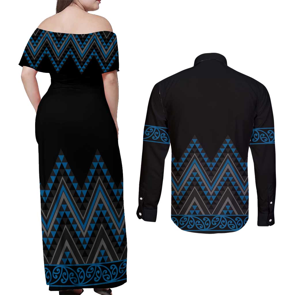 Blue Aotearoa Mangopare Kowhaiwhai and Niho Taniwha Couples Matching Off Shoulder Maxi Dress and Long Sleeve Button Shirt Maori New Zealand LT14 - Polynesian Pride
