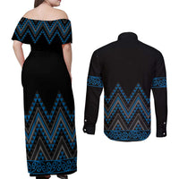 Blue Aotearoa Mangopare Kowhaiwhai and Niho Taniwha Couples Matching Off Shoulder Maxi Dress and Long Sleeve Button Shirt Maori New Zealand LT14 - Polynesian Pride