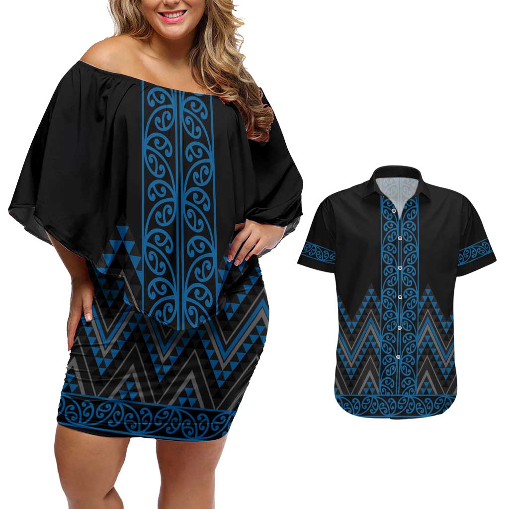 Blue Aotearoa Mangopare Kowhaiwhai and Niho Taniwha Couples Matching Off Shoulder Short Dress and Hawaiian Shirt Maori New Zealand LT14 Blue - Polynesian Pride