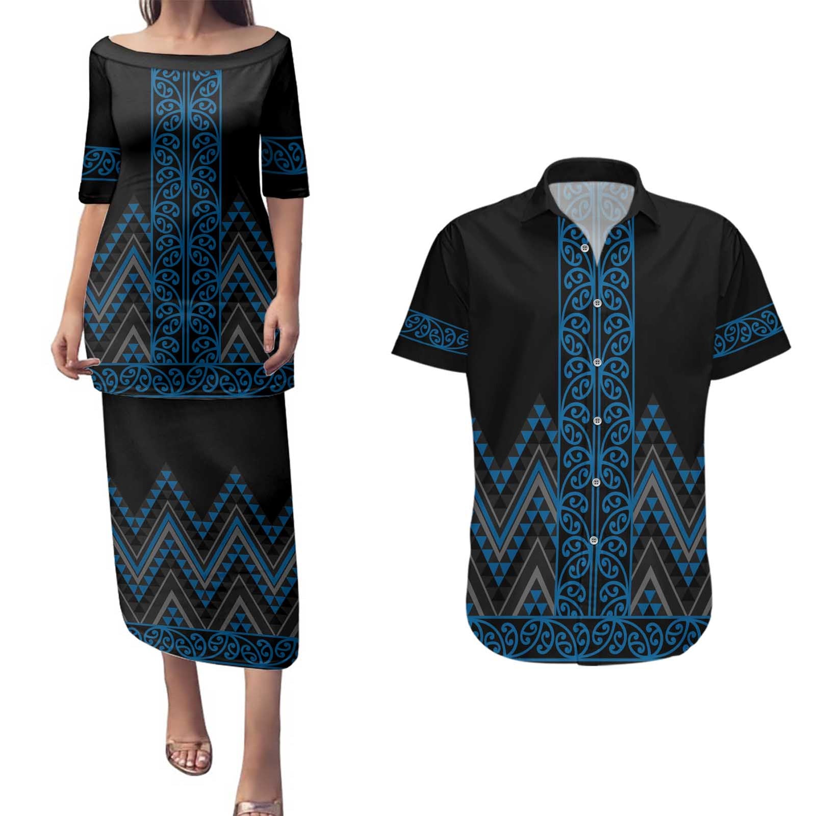 Blue Aotearoa Mangopare Kowhaiwhai and Niho Taniwha Couples Matching Puletasi and Hawaiian Shirt Maori New Zealand
