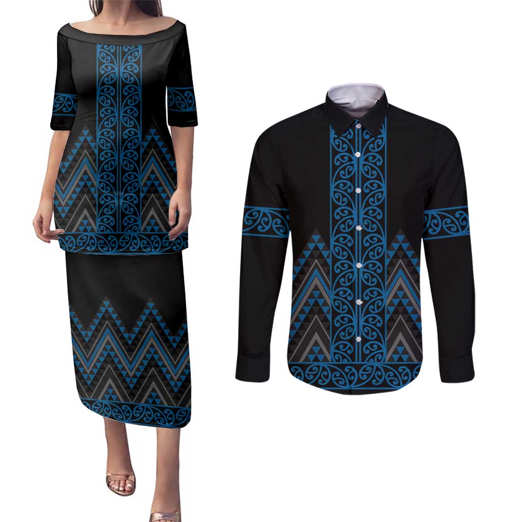 Blue Aotearoa Mangopare Kowhaiwhai and Niho Taniwha Couples Matching Puletasi and Long Sleeve Button Shirt Maori New Zealand