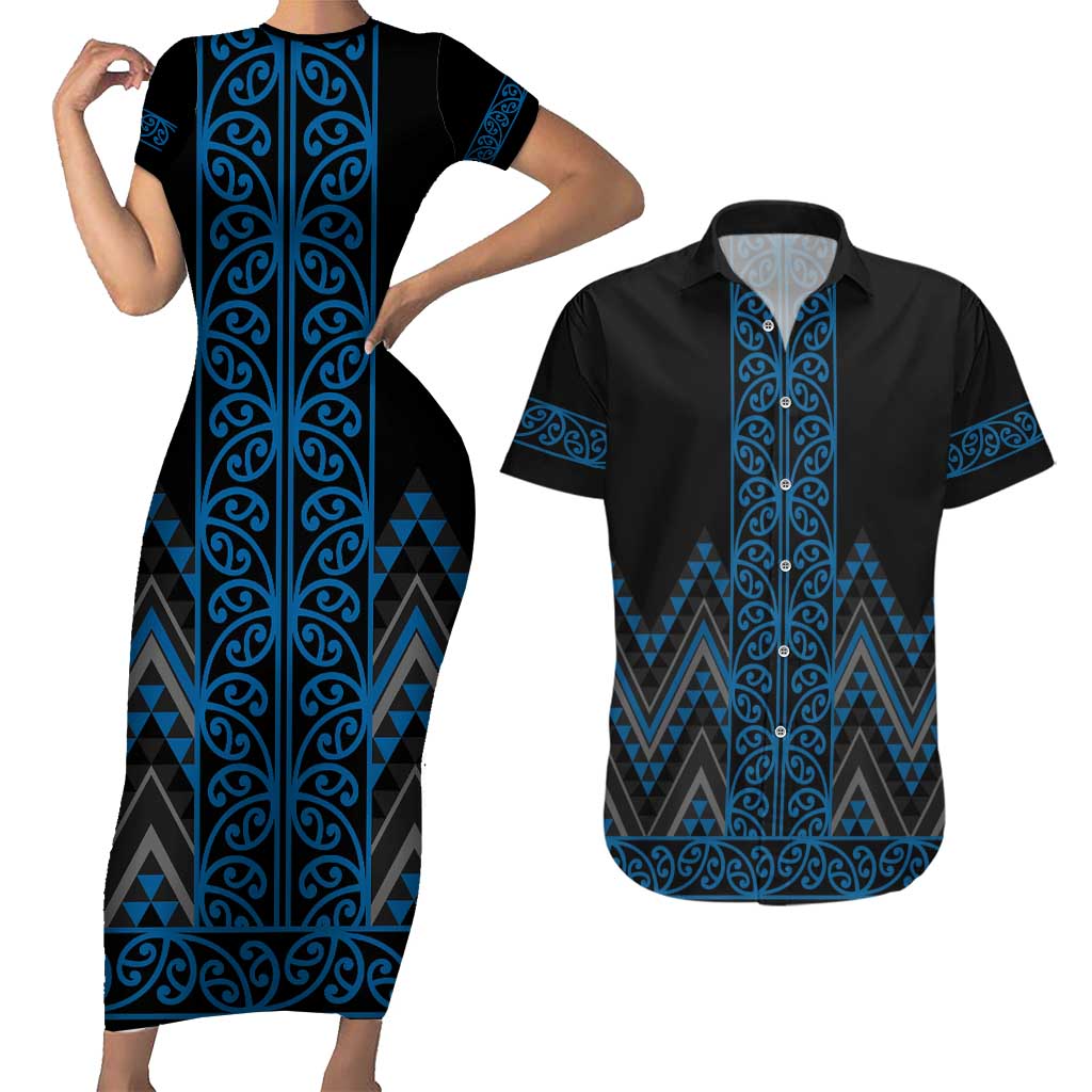 Blue Aotearoa Mangopare Kowhaiwhai and Niho Taniwha Couples Matching Short Sleeve Bodycon Dress and Hawaiian Shirt Maori New Zealand LT14 Blue - Polynesian Pride