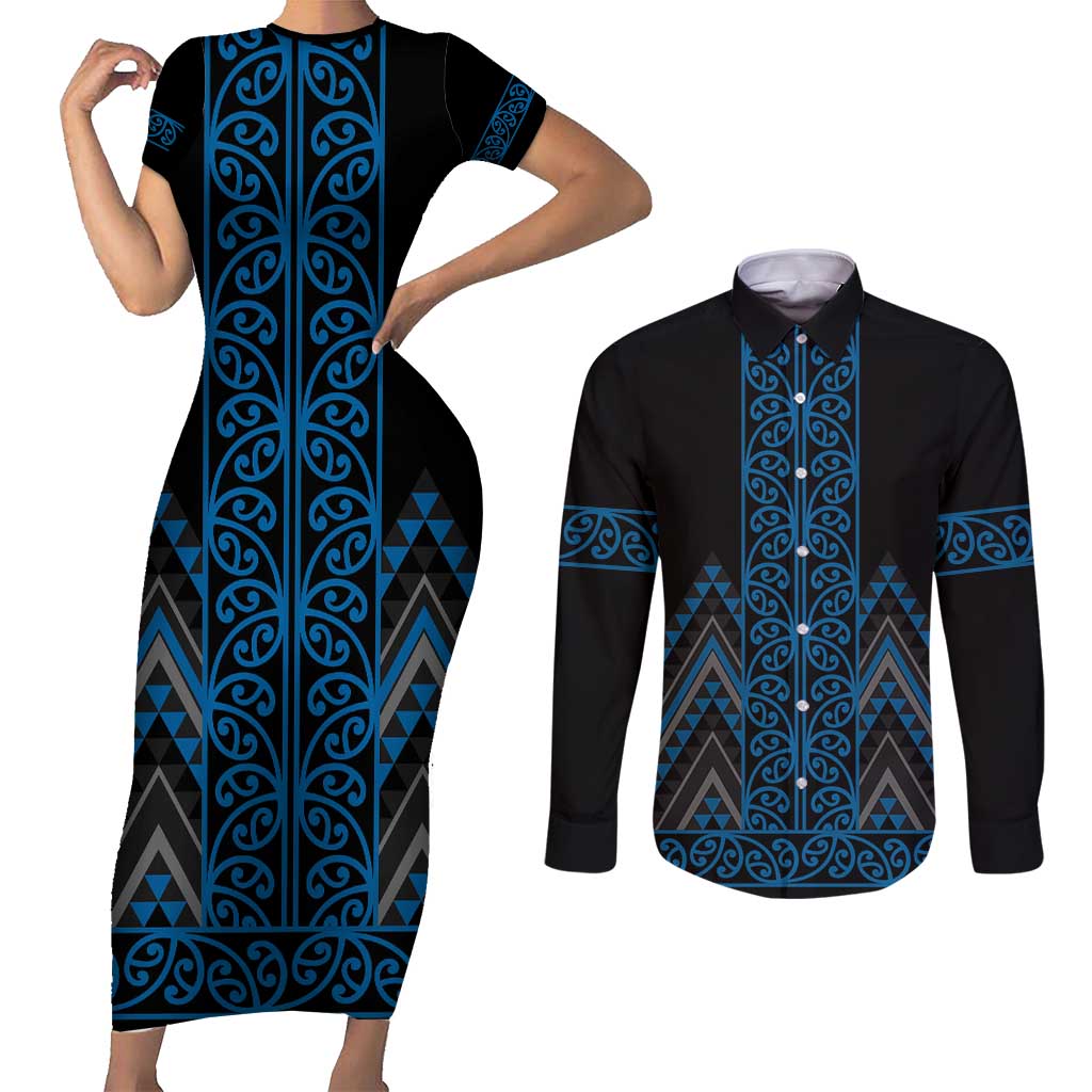 Blue Aotearoa Mangopare Kowhaiwhai and Niho Taniwha Couples Matching Short Sleeve Bodycon Dress and Long Sleeve Button Shirt Maori New Zealand LT14 Blue - Polynesian Pride