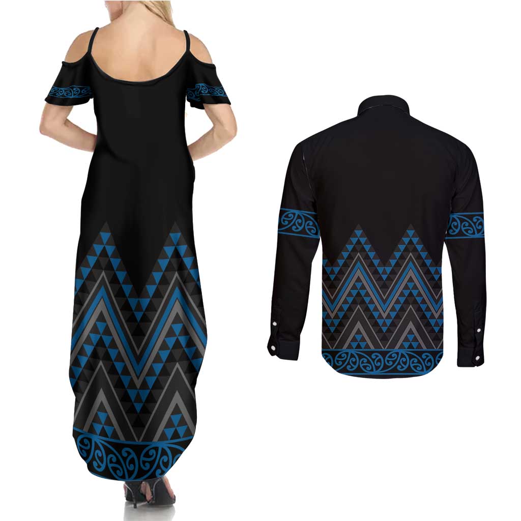 Blue Aotearoa Mangopare Kowhaiwhai and Niho Taniwha Couples Matching Summer Maxi Dress and Long Sleeve Button Shirt Maori New Zealand LT14 - Polynesian Pride