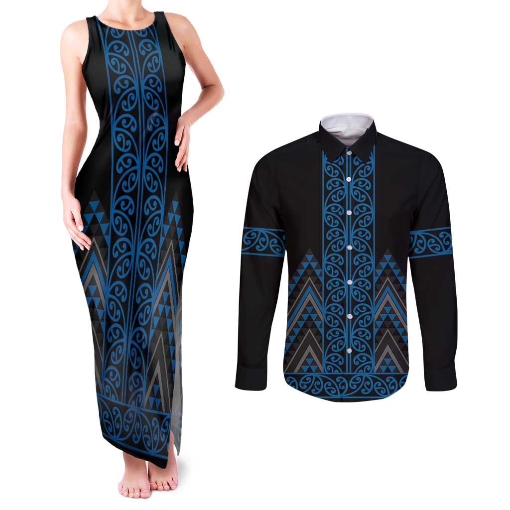 Blue Aotearoa Mangopare Kowhaiwhai and Niho Taniwha Couples Matching Tank Maxi Dress and Long Sleeve Button Shirt Maori New Zealand LT14 Blue - Polynesian Pride
