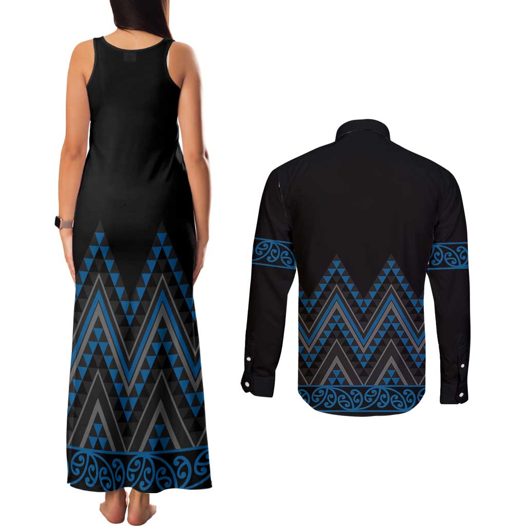 Blue Aotearoa Mangopare Kowhaiwhai and Niho Taniwha Couples Matching Tank Maxi Dress and Long Sleeve Button Shirt Maori New Zealand LT14 - Polynesian Pride