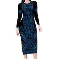 Blue Aotearoa Mangopare Kowhaiwhai and Niho Taniwha Family Matching Long Sleeve Bodycon Dress and Hawaiian Shirt Maori New Zealand LT14 Mom's Dress Blue - Polynesian Pride