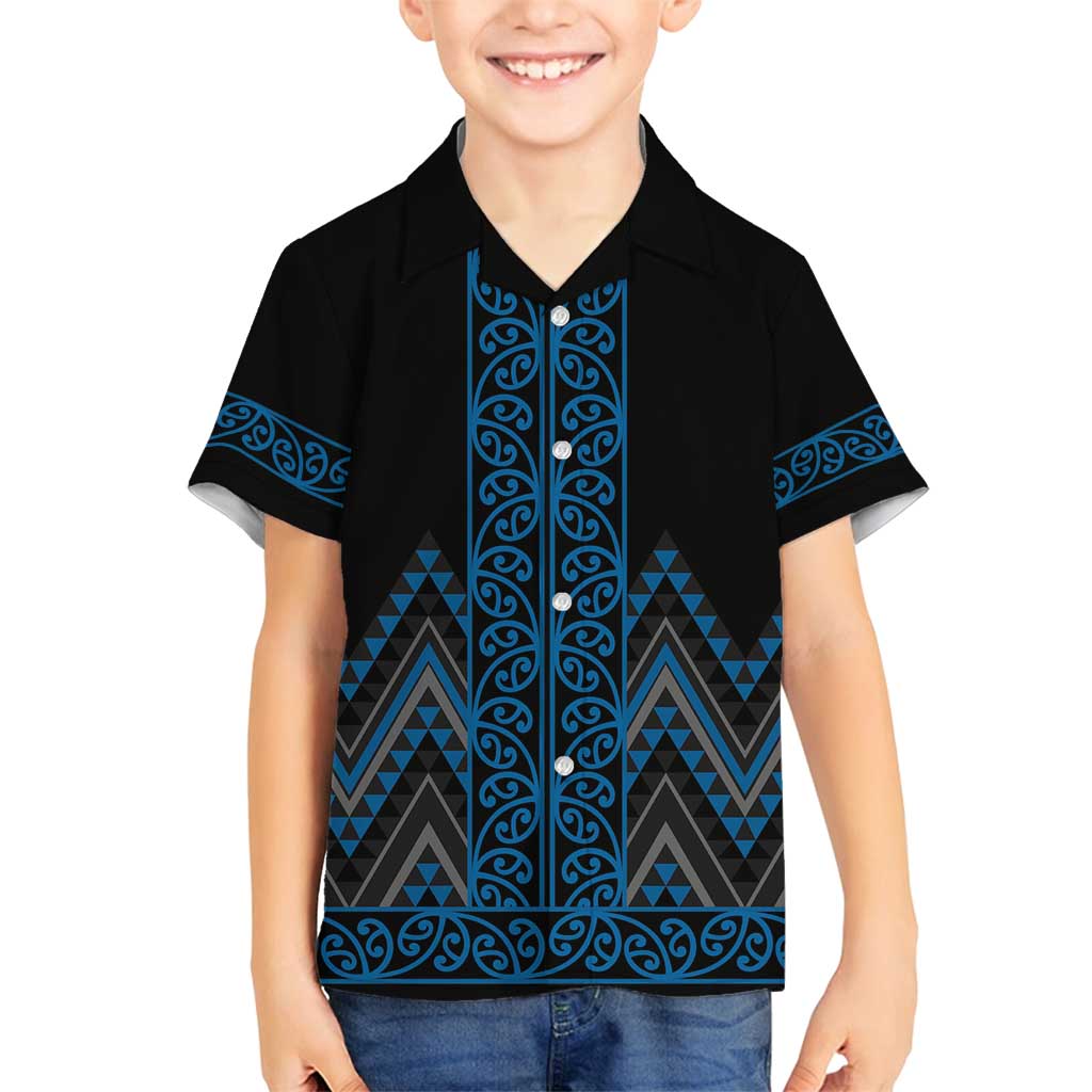 Blue Aotearoa Mangopare Kowhaiwhai and Niho Taniwha Family Matching Long Sleeve Bodycon Dress and Hawaiian Shirt Maori New Zealand LT14 Son's Shirt Blue - Polynesian Pride