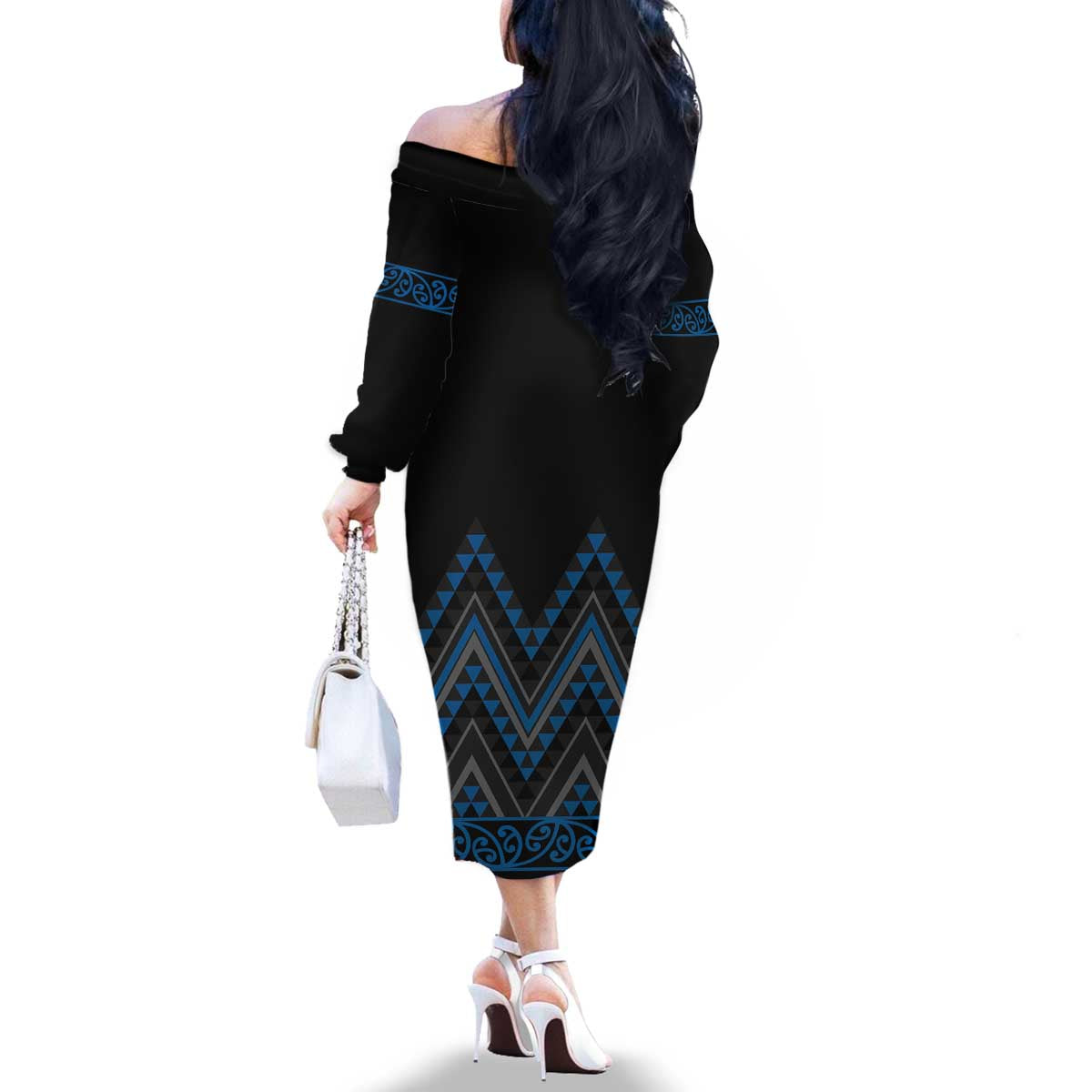 Blue Aotearoa Mangopare Kowhaiwhai and Niho Taniwha Family Matching Off The Shoulder Long Sleeve Dress and Hawaiian Shirt Maori New Zealand LT14 - Polynesian Pride