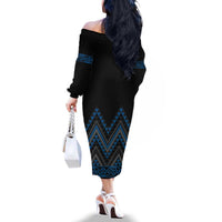 Blue Aotearoa Mangopare Kowhaiwhai and Niho Taniwha Family Matching Off The Shoulder Long Sleeve Dress and Hawaiian Shirt Maori New Zealand LT14 - Polynesian Pride