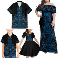 Blue Aotearoa Mangopare Kowhaiwhai and Niho Taniwha Family Matching Off Shoulder Maxi Dress and Hawaiian Shirt Maori New Zealand LT14 - Polynesian Pride