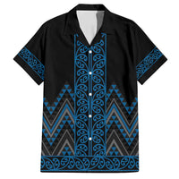 Blue Aotearoa Mangopare Kowhaiwhai and Niho Taniwha Family Matching Off Shoulder Maxi Dress and Hawaiian Shirt Maori New Zealand LT14 Dad's Shirt - Short Sleeve Blue - Polynesian Pride