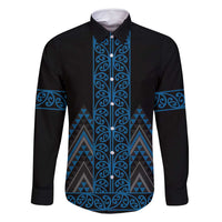 Blue Aotearoa Mangopare Kowhaiwhai and Niho Taniwha Family Matching Off Shoulder Maxi Dress and Hawaiian Shirt Maori New Zealand LT14 Dad's Shirt - Long Sleeve Blue - Polynesian Pride
