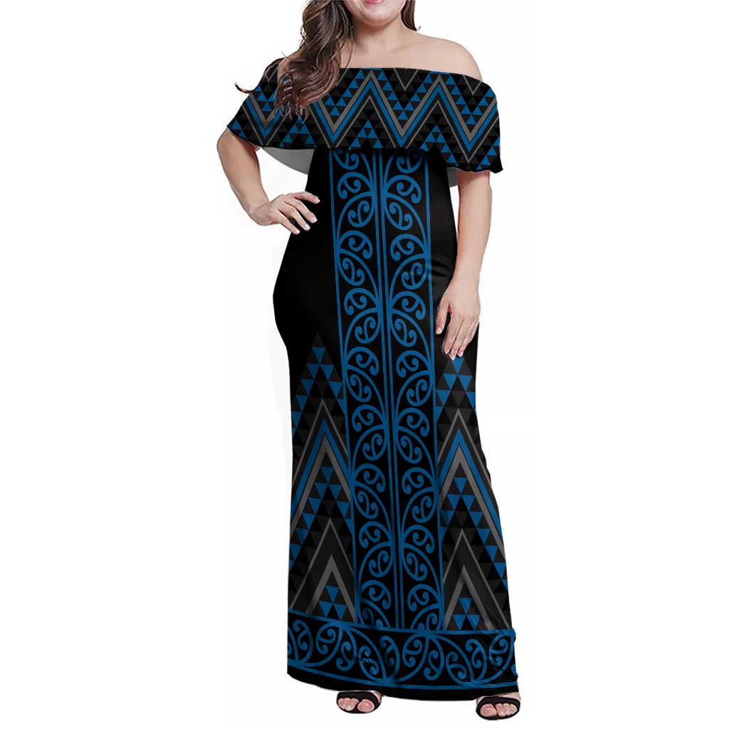 Blue Aotearoa Mangopare Kowhaiwhai and Niho Taniwha Family Matching Off Shoulder Maxi Dress and Hawaiian Shirt Maori New Zealand LT14 Mom's Dress Blue - Polynesian Pride