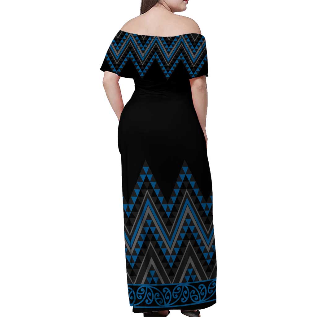 Blue Aotearoa Mangopare Kowhaiwhai and Niho Taniwha Family Matching Off Shoulder Maxi Dress and Hawaiian Shirt Maori New Zealand LT14 - Polynesian Pride