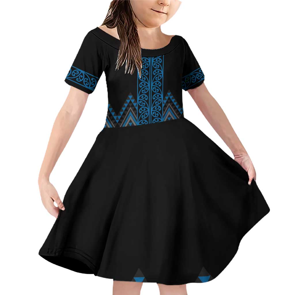 Blue Aotearoa Mangopare Kowhaiwhai and Niho Taniwha Family Matching Off Shoulder Short Dress and Hawaiian Shirt Maori New Zealand LT14 Daughter's Dress Blue - Polynesian Pride