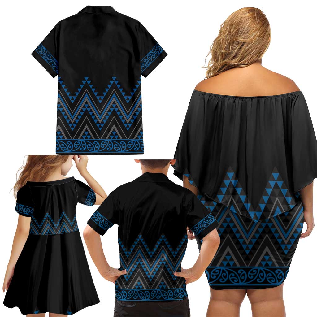 Blue Aotearoa Mangopare Kowhaiwhai and Niho Taniwha Family Matching Off Shoulder Short Dress and Hawaiian Shirt Maori New Zealand LT14 - Polynesian Pride