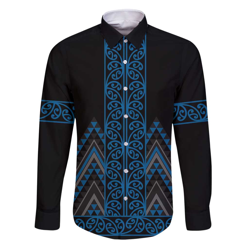 Blue Aotearoa Mangopare Kowhaiwhai and Niho Taniwha Family Matching Puletasi and Hawaiian Shirt Maori New Zealand LT14 Dad's Shirt - Long Sleeve Blue - Polynesian Pride