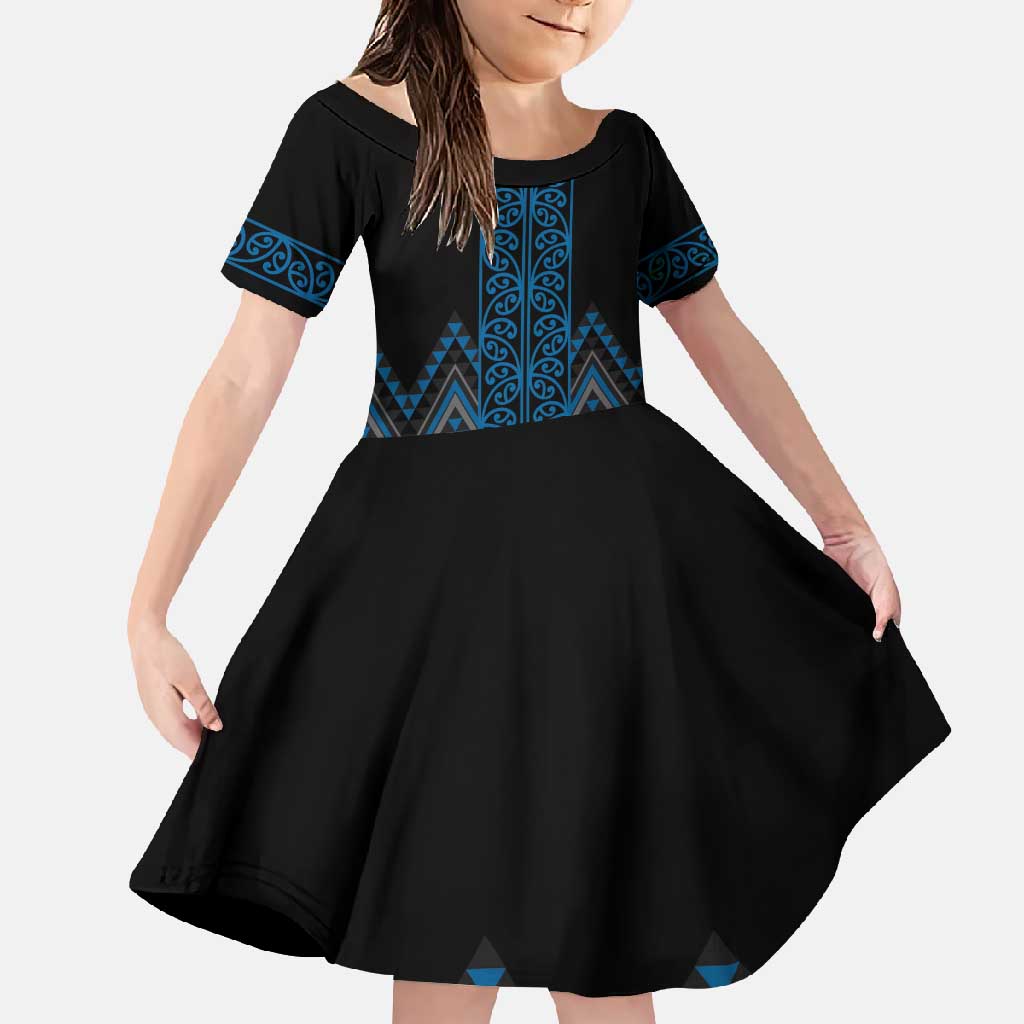Blue Aotearoa Mangopare Kowhaiwhai and Niho Taniwha Family Matching Short Sleeve Bodycon Dress and Hawaiian Shirt Maori New Zealand LT14 Daughter's Dress Blue - Polynesian Pride