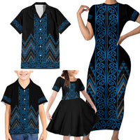 Blue Aotearoa Mangopare Kowhaiwhai and Niho Taniwha Family Matching Short Sleeve Bodycon Dress and Hawaiian Shirt Maori New Zealand LT14 - Polynesian Pride