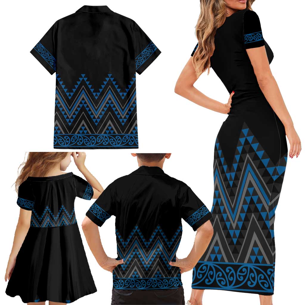 Blue Aotearoa Mangopare Kowhaiwhai and Niho Taniwha Family Matching Short Sleeve Bodycon Dress and Hawaiian Shirt Maori New Zealand LT14 - Polynesian Pride