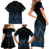 Blue Aotearoa Mangopare Kowhaiwhai and Niho Taniwha Family Matching Short Sleeve Bodycon Dress and Hawaiian Shirt Maori New Zealand LT14 - Polynesian Pride