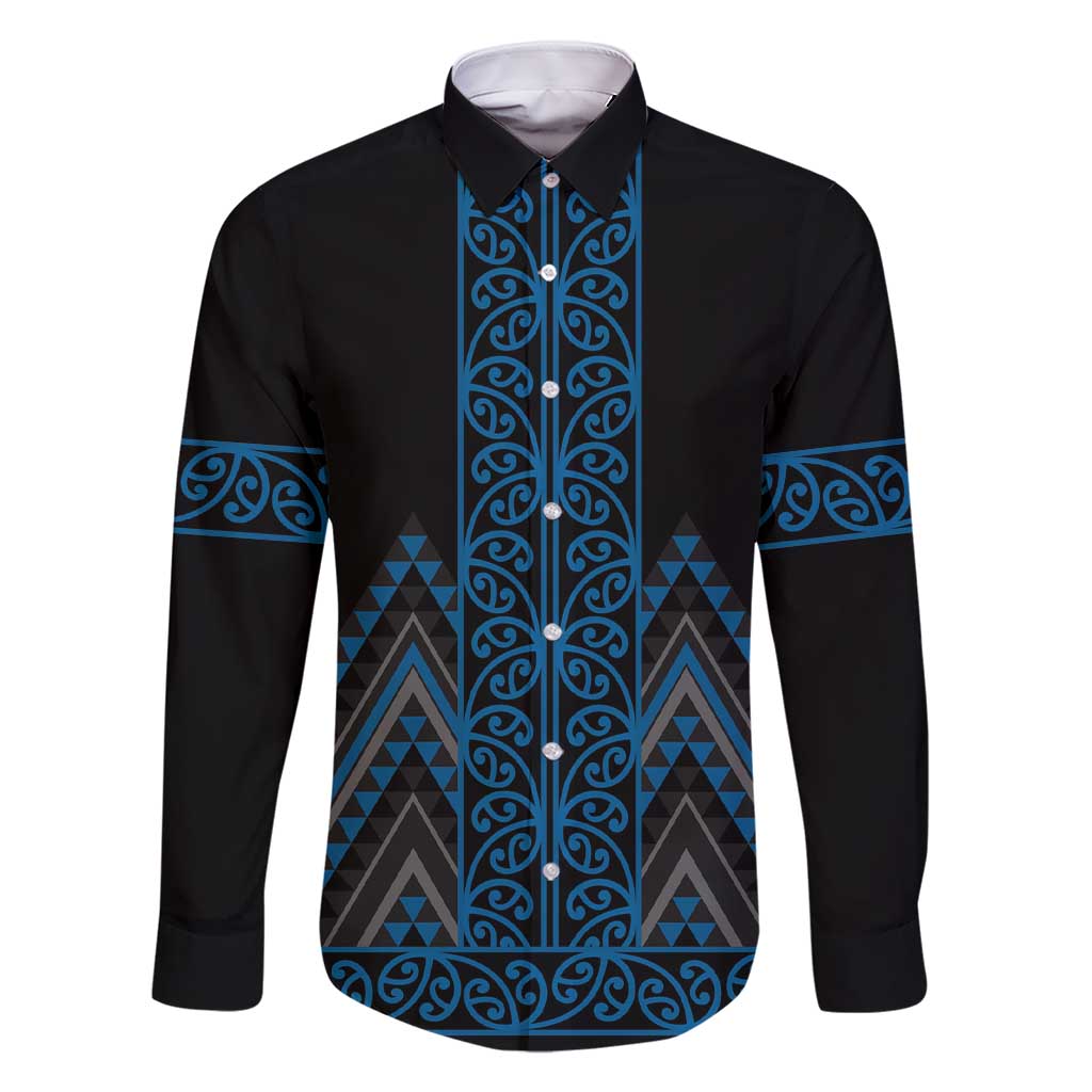 Blue Aotearoa Mangopare Kowhaiwhai and Niho Taniwha Family Matching Short Sleeve Bodycon Dress and Hawaiian Shirt Maori New Zealand LT14 Dad's Shirt - Long Sleeve Blue - Polynesian Pride
