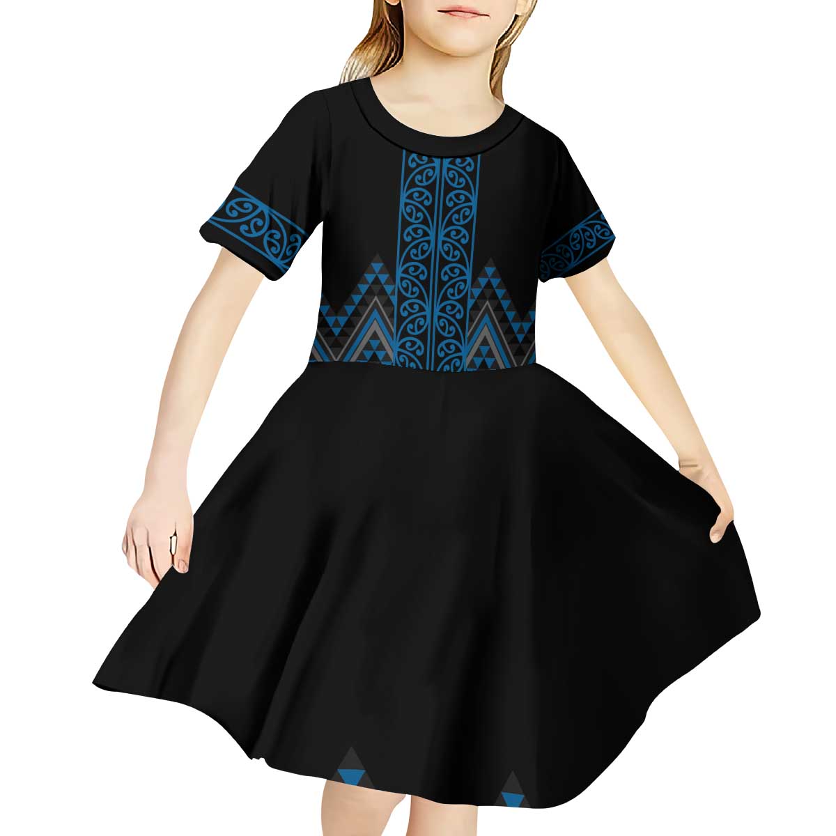 Blue Aotearoa Mangopare Kowhaiwhai and Niho Taniwha Kid Short Sleeve Dress Maori New Zealand LT14 - Polynesian Pride