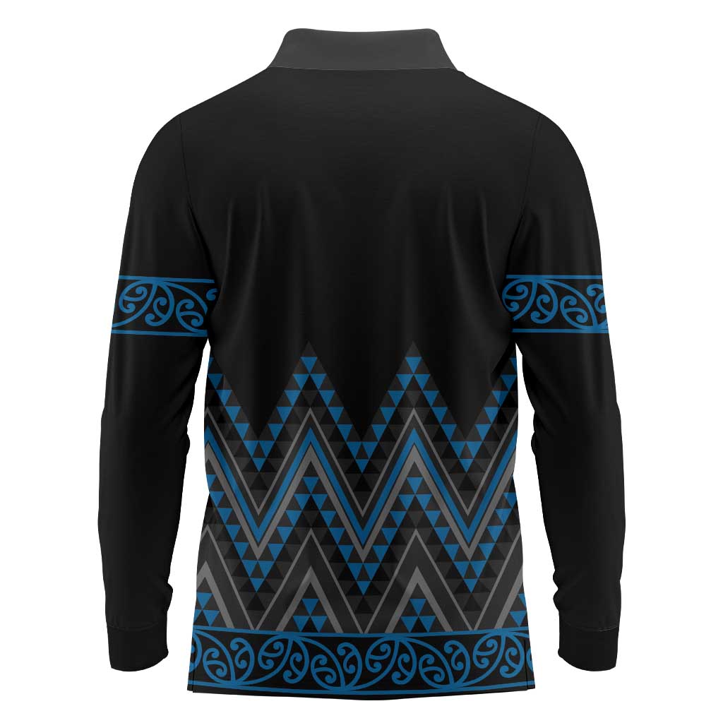 Blue Aotearoa Mangopare Kowhaiwhai and Niho Taniwha Long Sleeve Polo Shirt Maori New Zealand
