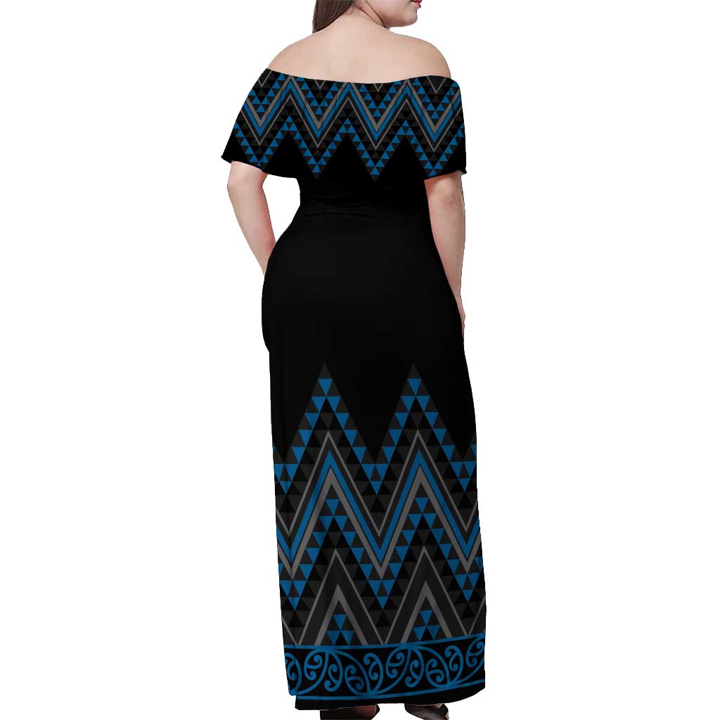 Blue Aotearoa Mangopare Kowhaiwhai and Niho Taniwha Off Shoulder Maxi Dress Maori New Zealand