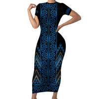 Blue Aotearoa Mangopare Kowhaiwhai and Niho Taniwha Short Sleeve Bodycon Dress Maori New Zealand LT14 Long Dress Blue - Polynesian Pride