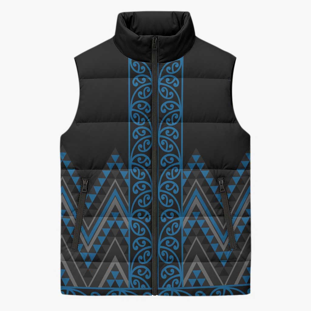 Blue Aotearoa Mangopare Kowhaiwhai Niho Taniwha Sleeveless Puffer Jacket Maori New Zealand - Polynesian Pride