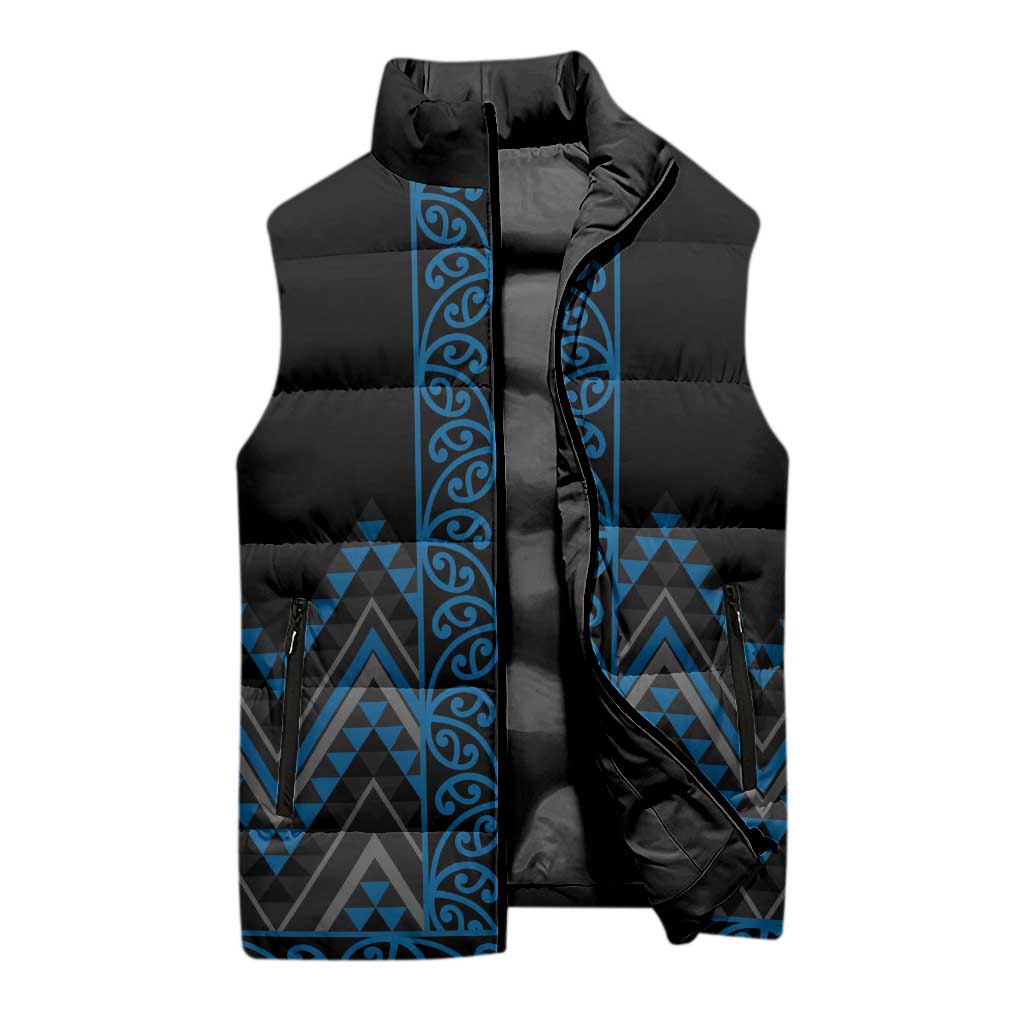 Blue Aotearoa Mangopare Kowhaiwhai Niho Taniwha Sleeveless Puffer Jacket Maori New Zealand - Polynesian Pride