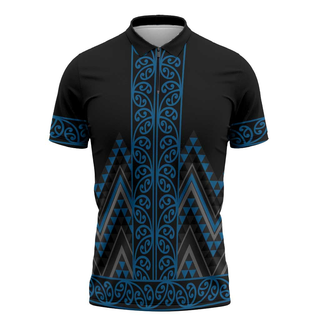 Blue Aotearoa Mangopare Kowhaiwhai Niho Taniwha Zipper Polo Shirt Maori New Zealand LT14 Blue - Polynesian Pride