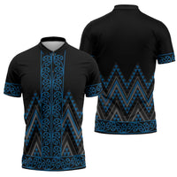 Blue Aotearoa Mangopare Kowhaiwhai Niho Taniwha Zipper Polo Shirt Maori New Zealand LT14 - Polynesian Pride