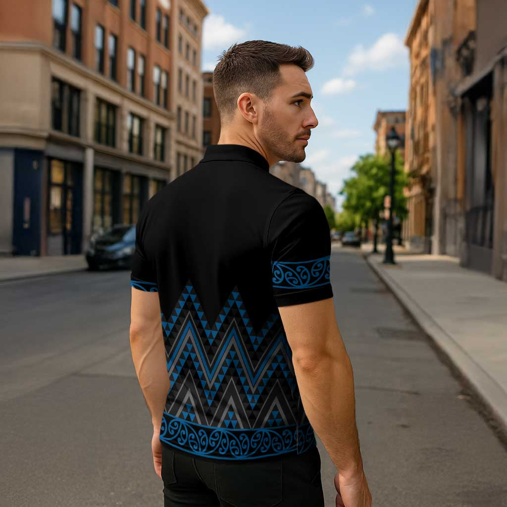Blue Aotearoa Mangopare Kowhaiwhai Niho Taniwha Zipper Polo Shirt Maori New Zealand LT14 - Polynesian Pride