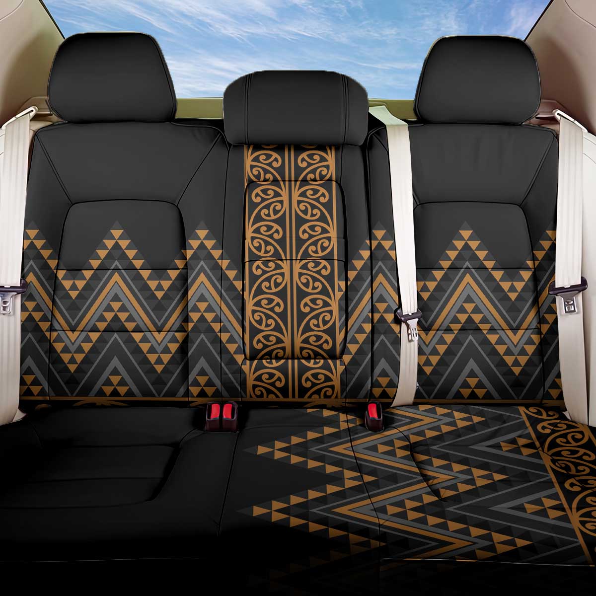 Gold Aotearoa Mangopare Kowhaiwhai and Niho Taniwha Back Car Seat Cover Maori New Zealand