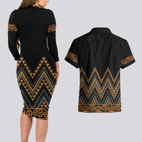 Gold Aotearoa Mangopare Kowhaiwhai and Niho Taniwha Couples Matching Long Sleeve Bodycon Dress and Hawaiian Shirt Maori New Zealand LT14 - Polynesian Pride