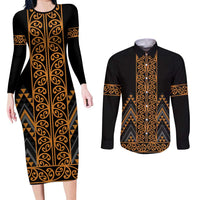 Gold Aotearoa Mangopare Kowhaiwhai and Niho Taniwha Couples Matching Long Sleeve Bodycon Dress and Long Sleeve Button Shirt Maori New Zealand LT14 Gold - Polynesian Pride