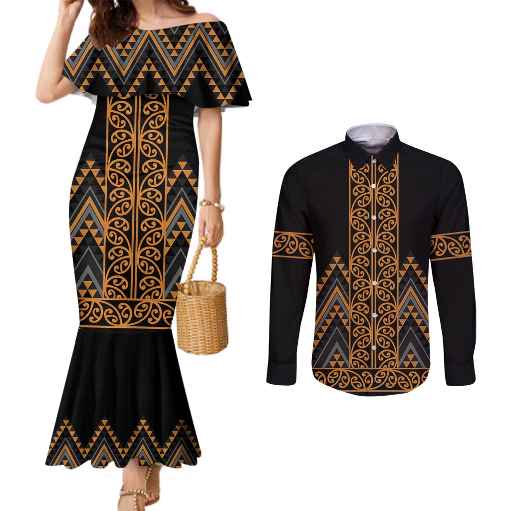 Gold Aotearoa Mangopare Kowhaiwhai and Niho Taniwha Couples Matching Mermaid Dress and Long Sleeve Button Shirt Maori New Zealand