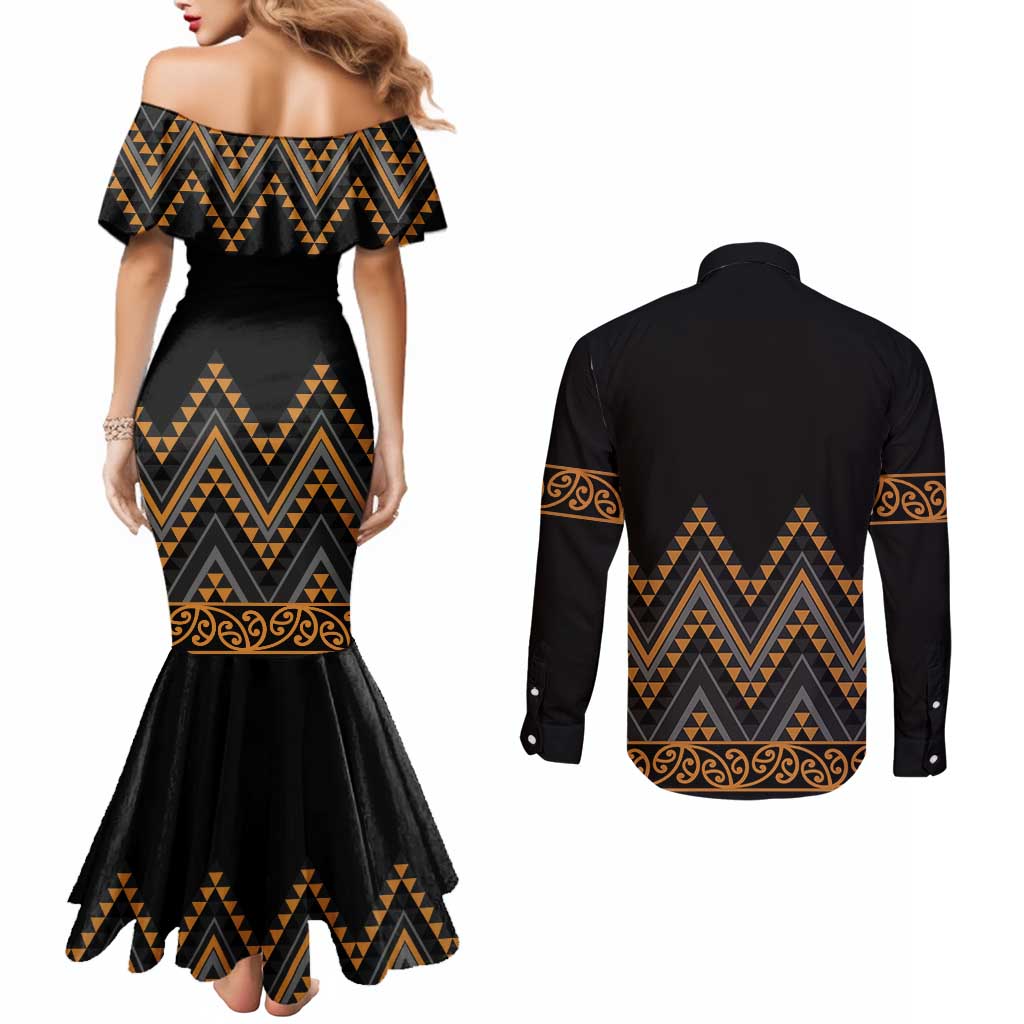 Gold Aotearoa Mangopare Kowhaiwhai and Niho Taniwha Couples Matching Mermaid Dress and Long Sleeve Button Shirt Maori New Zealand LT14 - Polynesian Pride