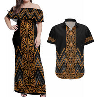 Gold Aotearoa Mangopare Kowhaiwhai and Niho Taniwha Couples Matching Off Shoulder Maxi Dress and Hawaiian Shirt Maori New Zealand LT14 Gold - Polynesian Pride
